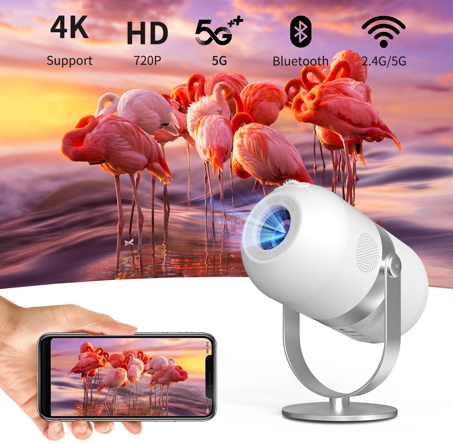 Mini WIFI پورٹیبل پروجیکٹر 4k HD 720P Android 9.0